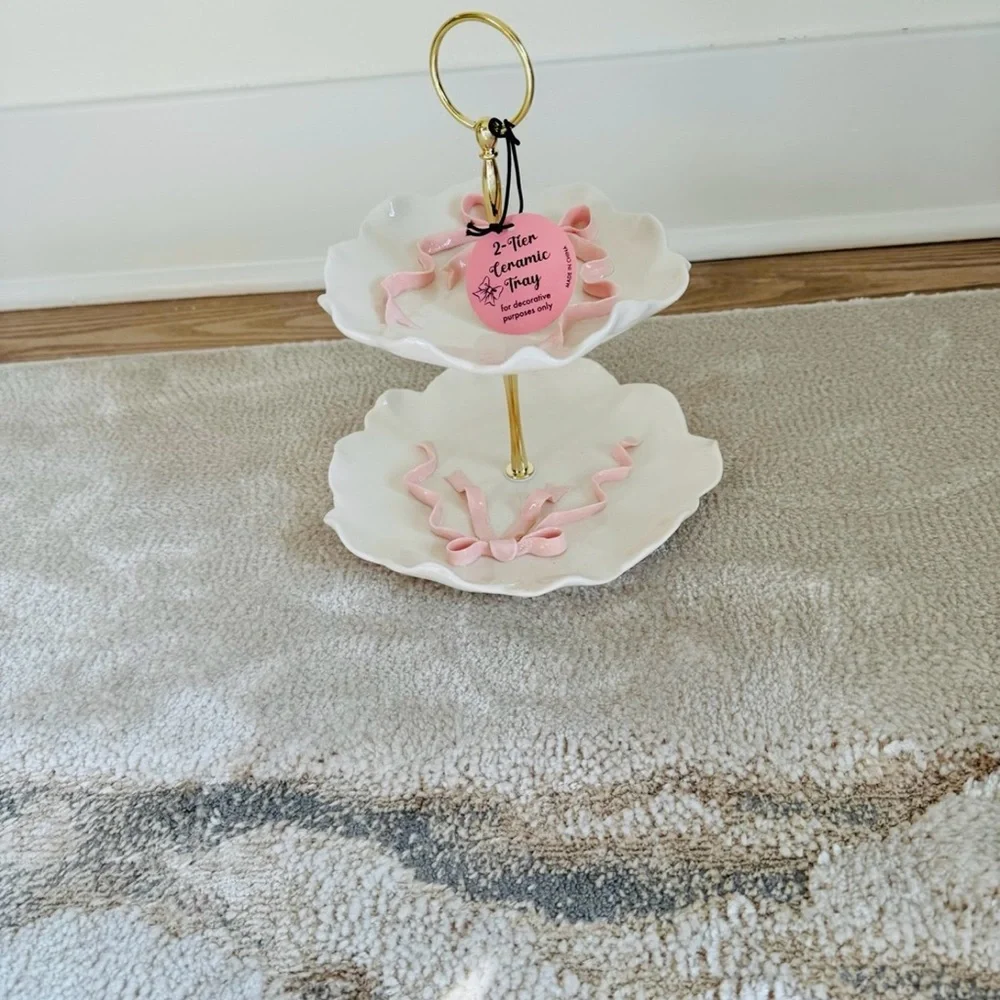 Pink Bow Two-Tier white Ceramic Tray with Gold accents